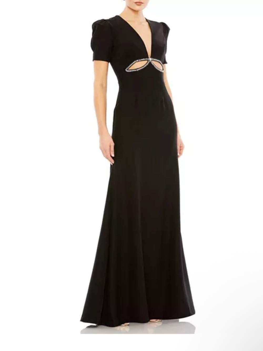 IEENA for MAC DUGGAL Black Rhinestone Cut Out Gown V-Neck Puff Sleeve Size 6